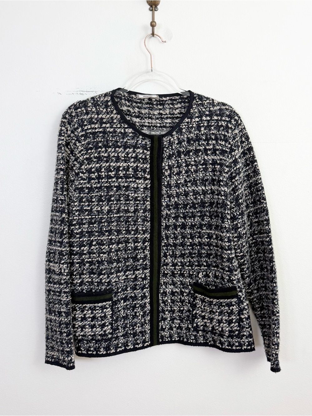 Elena Miro Bouclé Knit Open Front Cardigan Sweater Navy Cream Medium